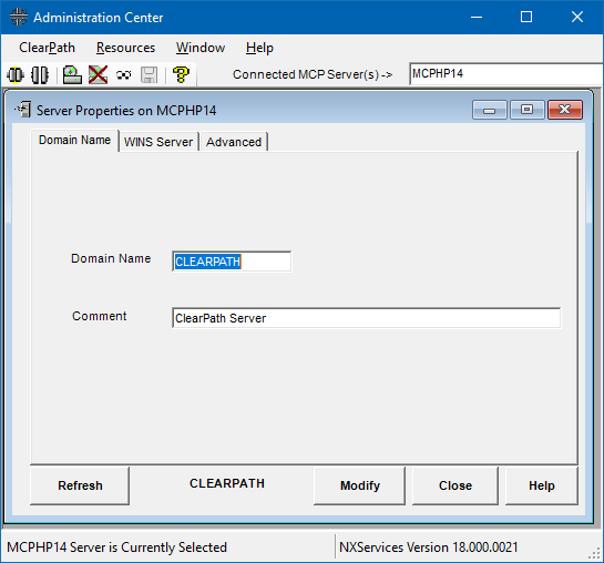 Administration Center domain/workgroup properties tab