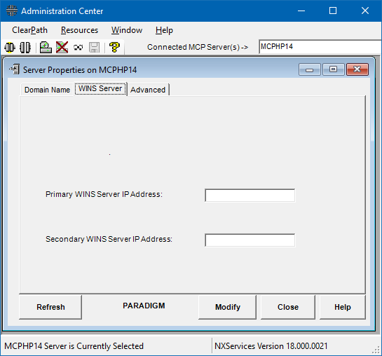 Administration Center WINS server properties tab